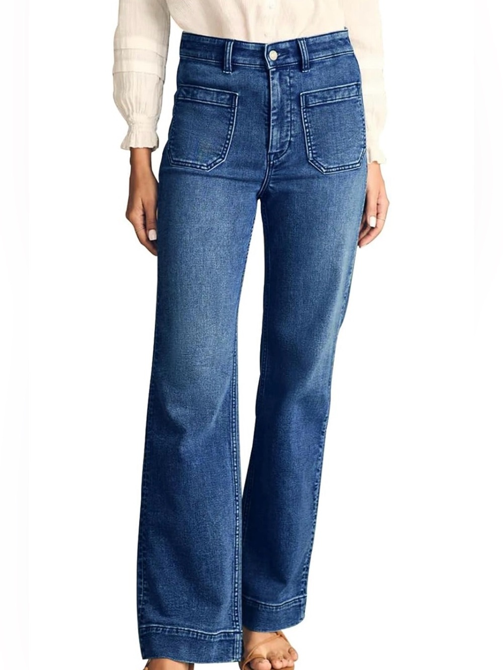 KUNMI High Rise Wide Leg Jeans Size 10 Blue Stretch Patch Pocket Denim
